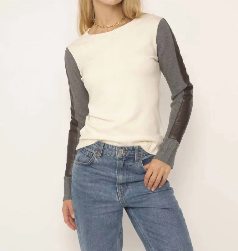 Beatrix Leather Accent Crew Sweater In Neutral Combo