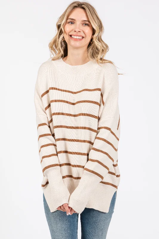 Beige Striped Drop Shoulder Sweater