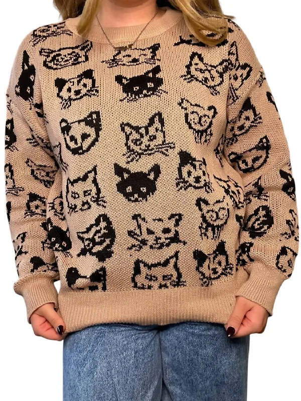 Cozy Cat Knit Sweater In Beige