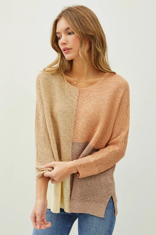 Marsala Round Neck Oversized Color Block Sweater