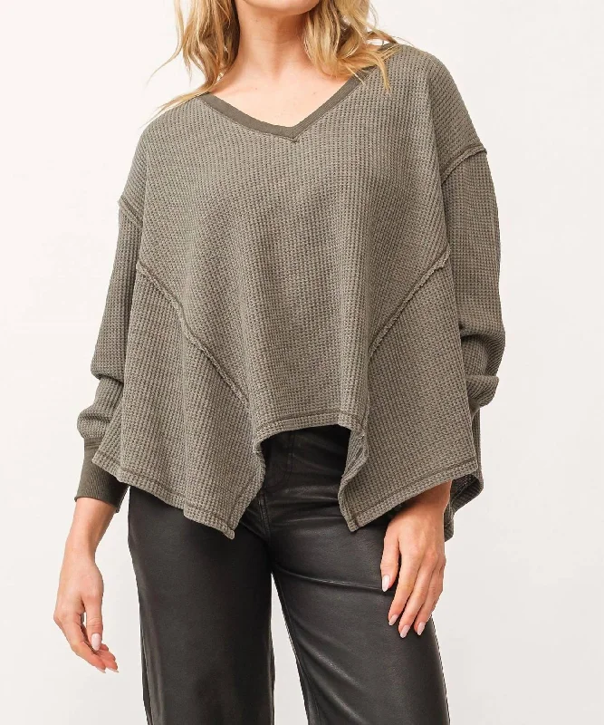 Miranda V-Neck Oversized Thermal Top In Dark Olive