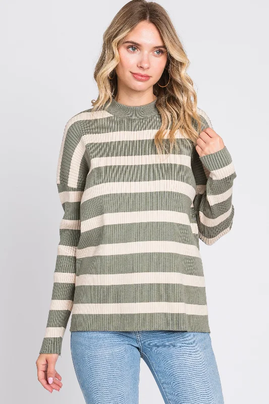 Olive Striped Ribbed Long Sleeve Top