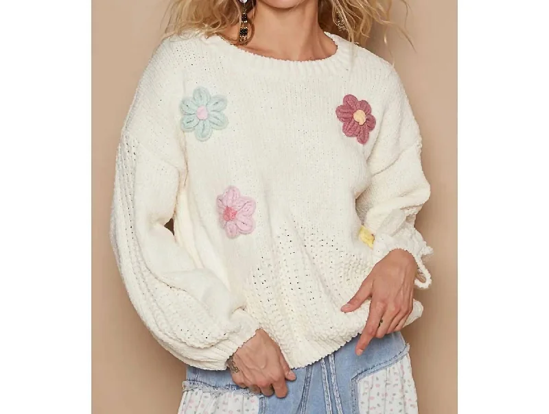 Round Neck Balloon Sleeve Floral Patches Sweater In Ivory