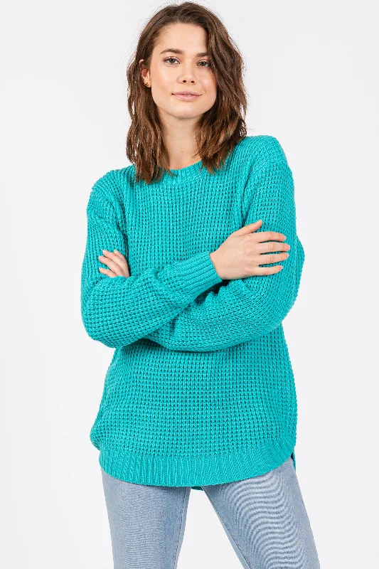 Turquoise Waffle Knit Round Hem Sweater