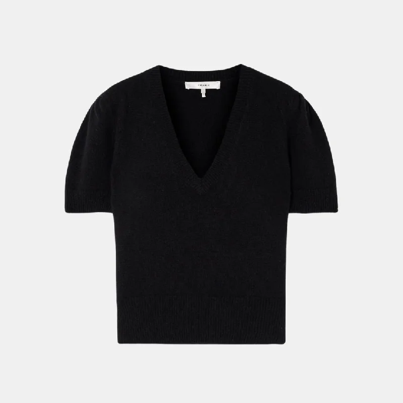 Cashmere Gathered V-Neck Sweater (Black)