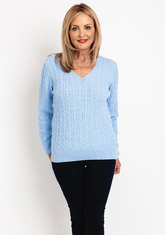 Serafina Collection V-Neck Cable Knit Sweater, Blue