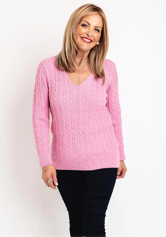 Serafina Collection V-Neck Cable Knit Sweater, Pink