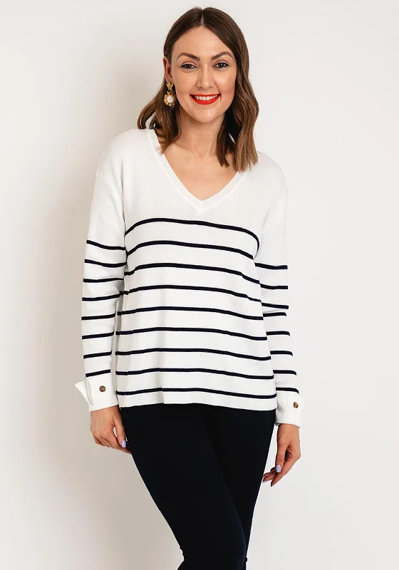 Serafina Collection One Size V-Neck Striped Sweater, White