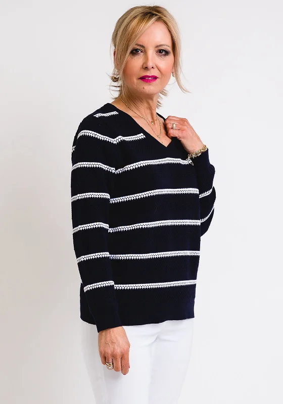 Leon Collection Embossed Stripe V-Neck Jumper, Navy