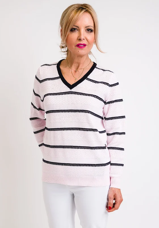 Leon Collection Embossed Stripe V-Neck Jumper, Pink