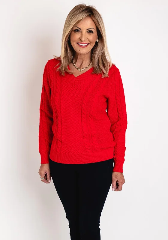 Micha V-Neck Cable Knit Sweater, Paradi Red