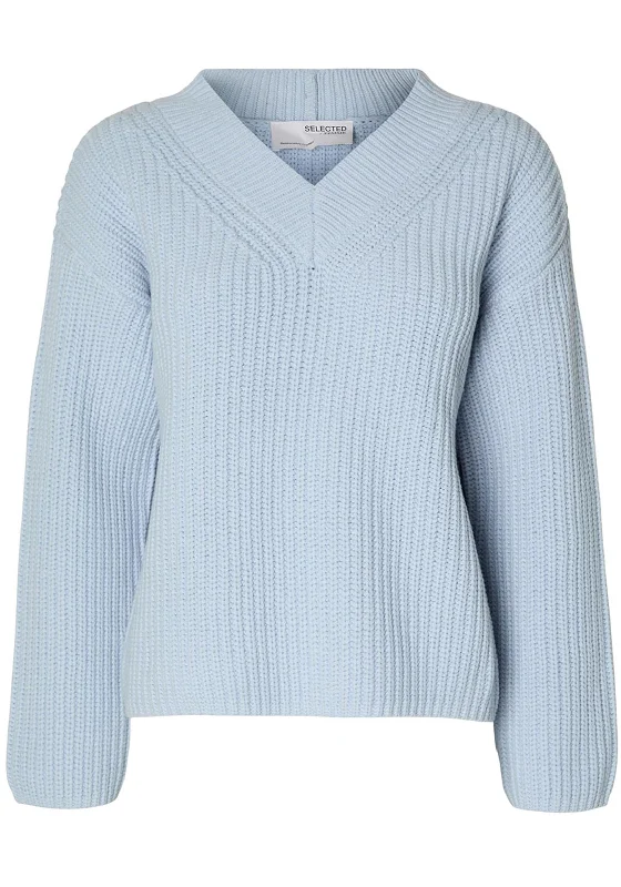 Selected Femme Selma V-Neck Knitted Sweater, Cashmere Blue