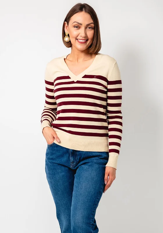 Tommy Hilfiger Womens V-Neck Jersey Stitch Sweater, Beige & Wine