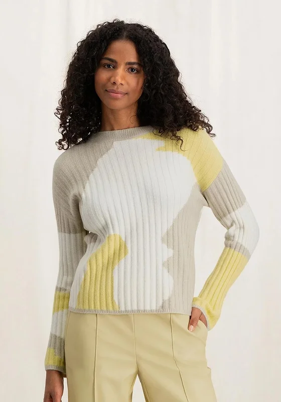 YAYA Colour Block Crew Neck Jacquard Sweater, Parsnip Yellow