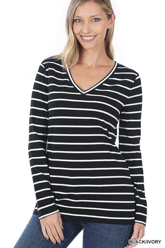 Women's V-Neck Striped T-Shirt - Black