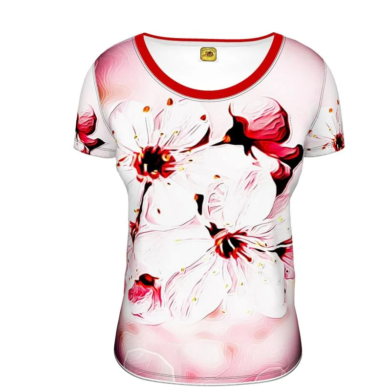 Floral Embosses: Pictorial Cherry Blossoms 01-02 Ladies Designer Scoop Neck T-shirt