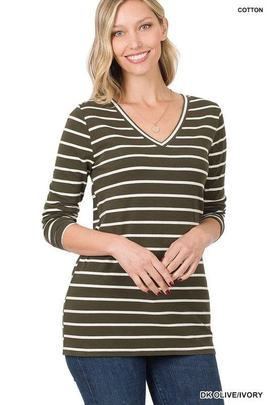 Women's V-Neck Striped T-Shirt - Olive