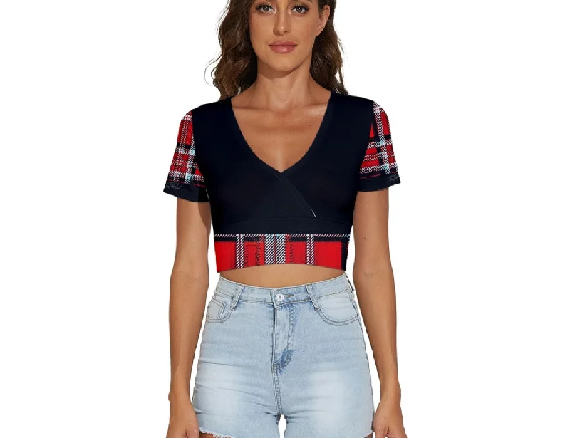 TRP Twisted Patterns 06: Digital Plaid 01-03A Designer Cropped V-neck Cotton Blend T-shirt