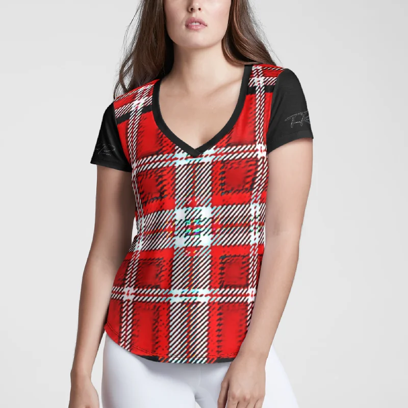 TRP Twisted Patterns 06: Digital Plaid 01-03A Ladies Designer Deep V-neck Slim Fit Curved Hem T-shirt