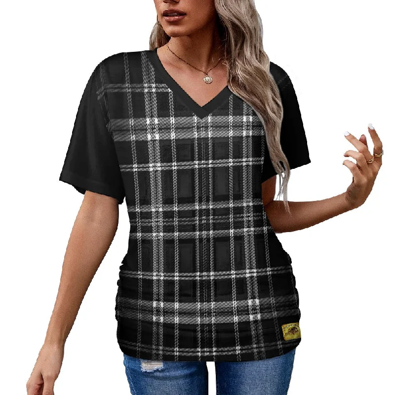 TRP Twisted Patterns 06: Digital Plaid 01-06A Ladies Designer V-neck Pleated T-shirt