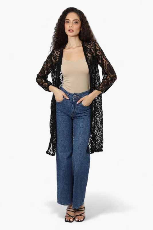 Impress Floral Lace Duster Cardigan - Black