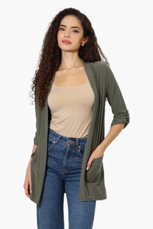 International INC Company Roll Up Sleeve Open Wrap Cardigan - Olive