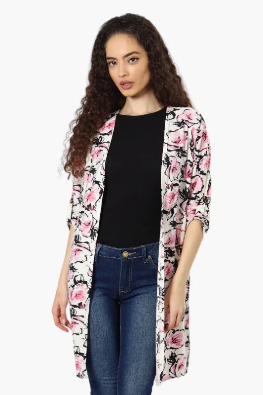 International INC Company Floral Roll Up Sleeve Cardigan - White