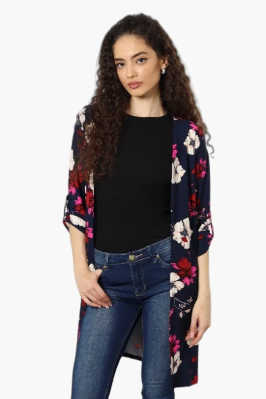 International INC Company Floral Roll Up Sleeve Cardigan - Navy