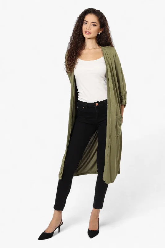 International INC Company Roll Up Sleeve Duster Cardigan - Olive