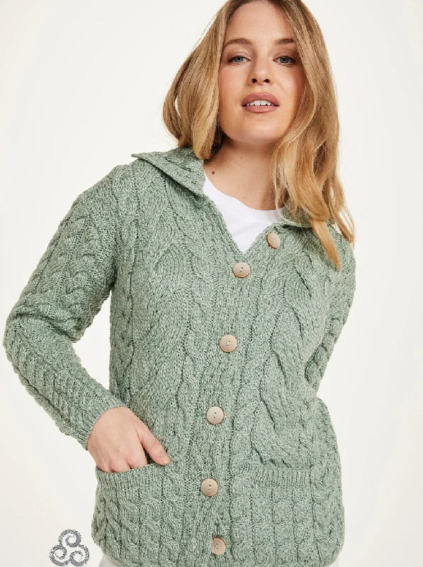 Aran - Button Cable Cardigan - Light Green