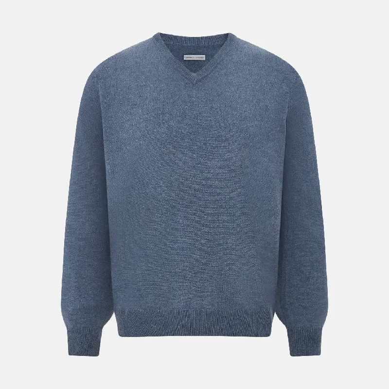 Blue Melange Cashmere V-neck Jumper