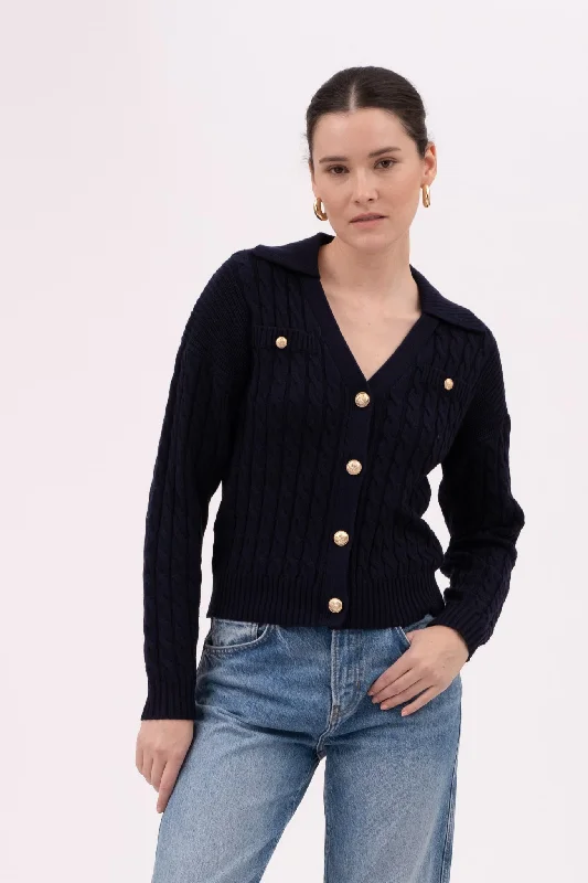 COLLARED V NECK GOLD BUTTON CABLE KNIT CARDIGAN