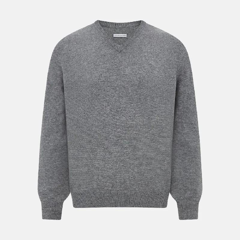 Grey Melange Cashmere V-neck Jumper