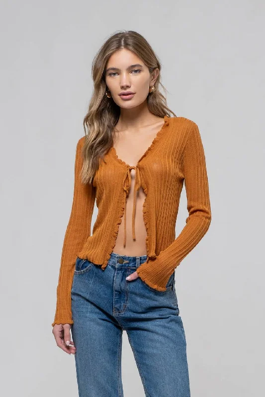 LETTUCE EDGE FRONT TIE KNIT SHEER CARDIGAN