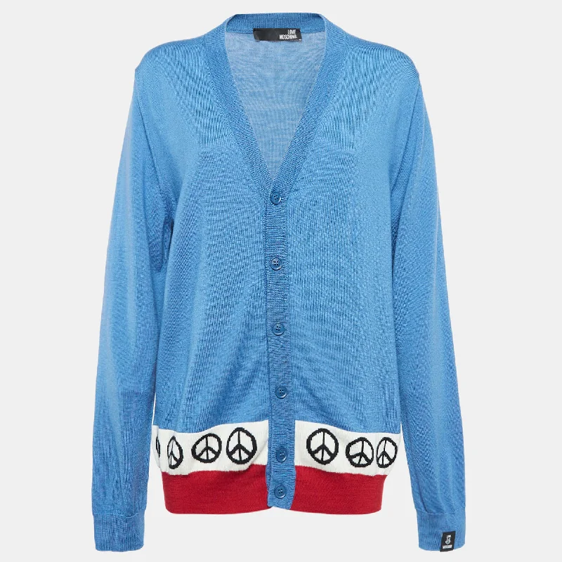 Love Moschino Blue Intarsia Knit Front Button Cardigan L