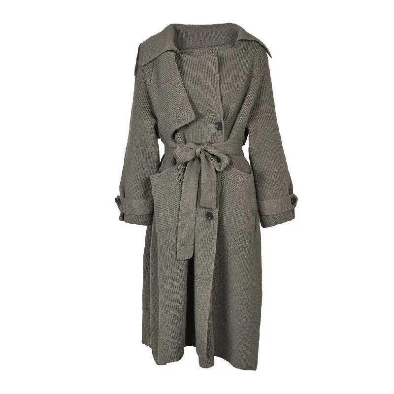 Military Collared Long Sleeve Ribbed Knit Belted Button Up Duster Cardigan