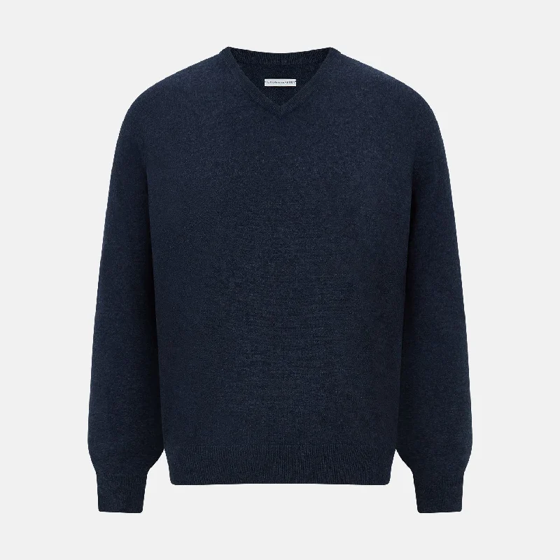 Navy Melange Cashmere V-Neck Jumper