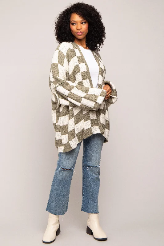 Olive Checkered Print Oversized Cardigan