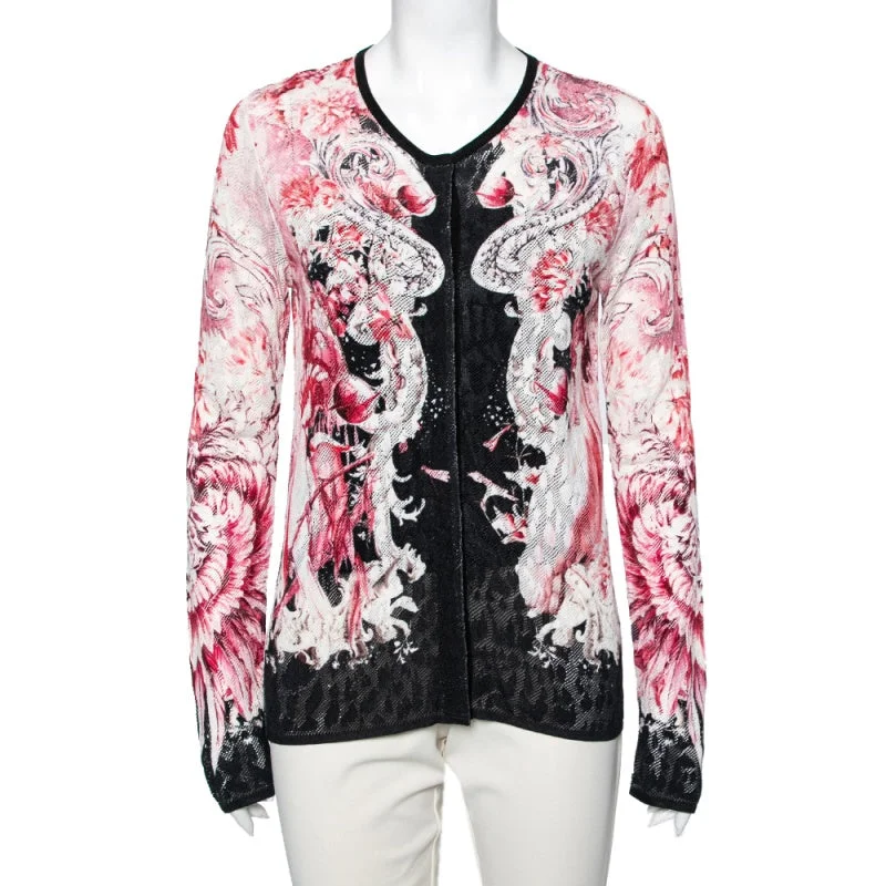 Roberto Cavalli Pink Printed Perforated Knit Button Front Cardigan