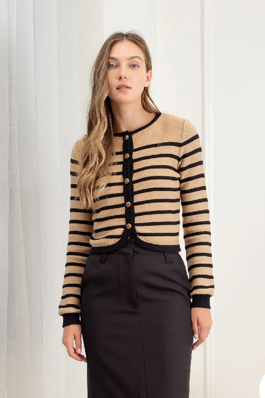 STRIPE ROUND NECK BUTTON DOWN CARDIGAN