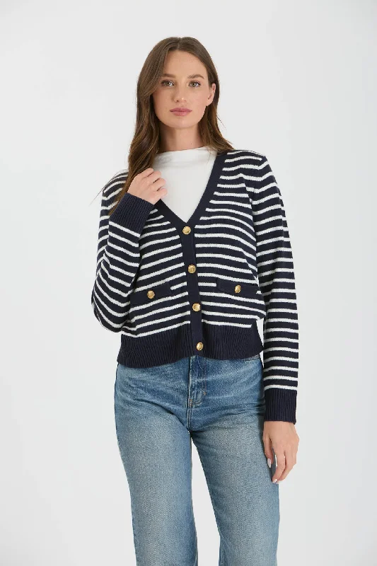 STRIPE V NECK GOLD BUTTON DOWN KNIT CARDIGAN