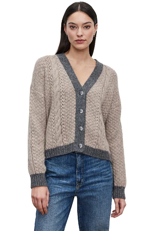 Velvet Izzy Cable Knit Cardigan in Oat-Grey