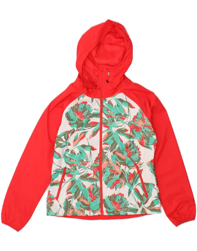 COLUMBIA Womens Hooded Rain Jacket UK 12 Medium Red Floral Polyester