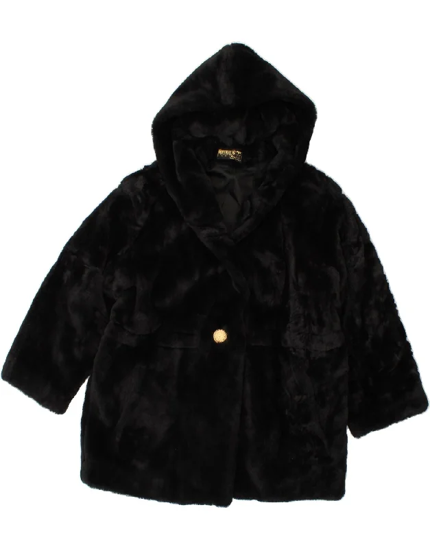 ROMAN Womens Hooded Faux Fur Overcoat UK 16 Large Black Acrylic