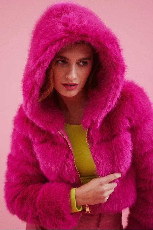 Fuchsia Hooded Bamboo Faux Fur Puffer Coat