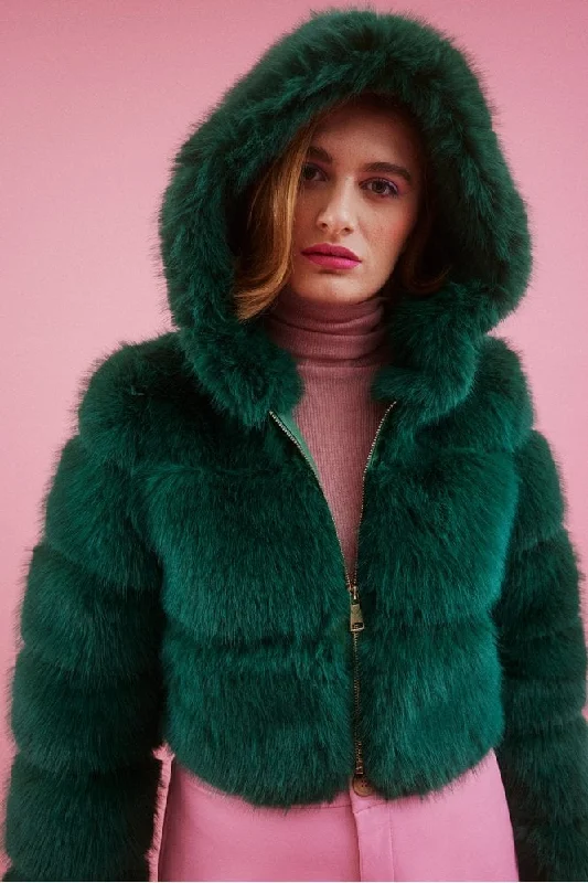 Emerald Hooded Bamboo Faux Fur Puffer Coat