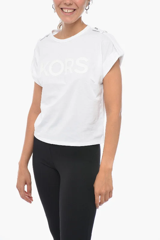 Michael Kors Ton-sur-ton Printed T-shirt with Buttoned Detail Xs Standard size