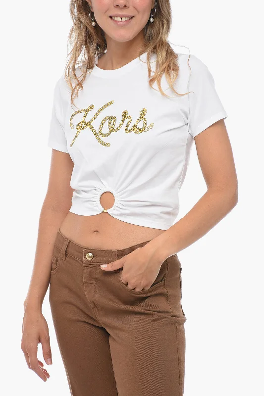 Michael Kors Printed Cropped T-shirt with Gathered Detail Xs Standard size