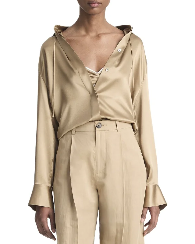 Vince Hooded Button-Down Silk Shirt