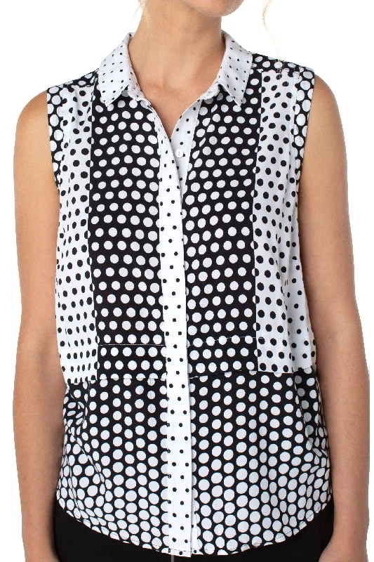 Liverpool Hidden Placket Sleeveless Button Front Shirt In Black And White Print